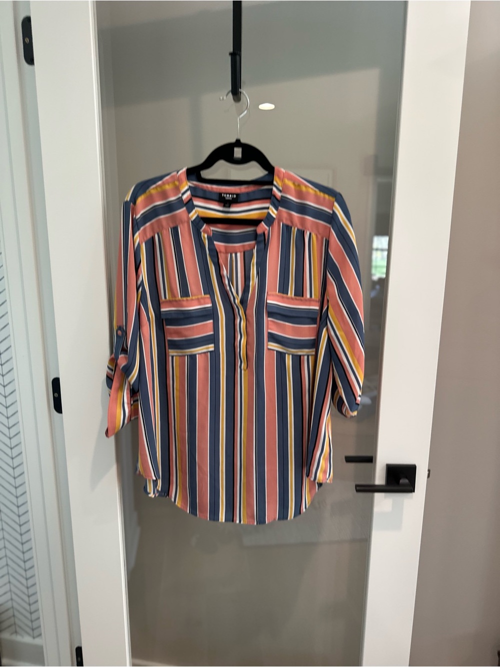 torrid Multicolor Vertical Stripe Split-Neck Blouse
